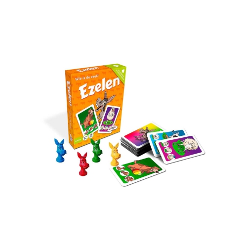 Speel slim en wordt geen ezel met het leuke kaartspel Ezelen In dit spel is het de bedoeling dat je kaarten verzamelt, goed oplet en snel reageert! Spreek een gebaar af en de eerste die vier dezelfde kaarten heeft maakt dat gebaar.