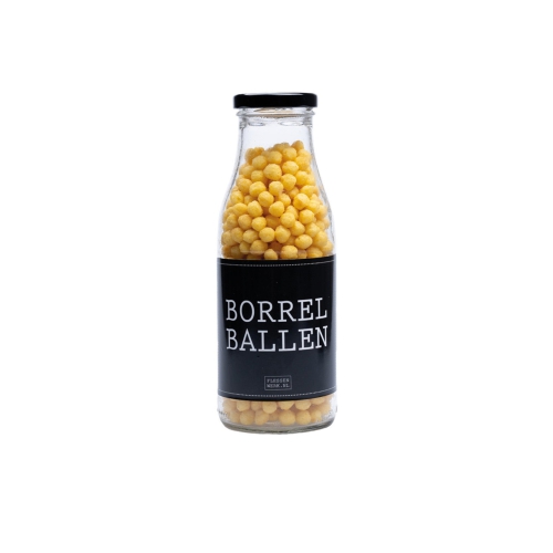 Borrelballen: een fles krokante balletjes voor bij de borrel! Deze borrelballetjes smaken naar ham kaas chips.
