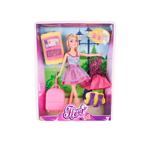 Kinderen kunnen spelen dat Fleur op reis gaat en haar outfit verwisselen met deze set.   Inhoud: Pop Fleur Koffer Laptop Extra paar schoenen Extra jurk 2 extra paren oorbellen   Pop Fleur Fashion Set is geschikt voor kinderen vanaf 3 jaar.
