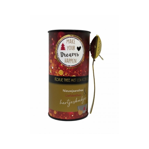 De warmte van thee met een lekker koekje,  met zorg gemaakt, met liefde gegeven. 
Inhoud 2 zakjes met 20 gram thee, 50 gram hartjeskoekjes of boterwafeltjes, theeleutlepel. Voor meerdere kopjes thee.