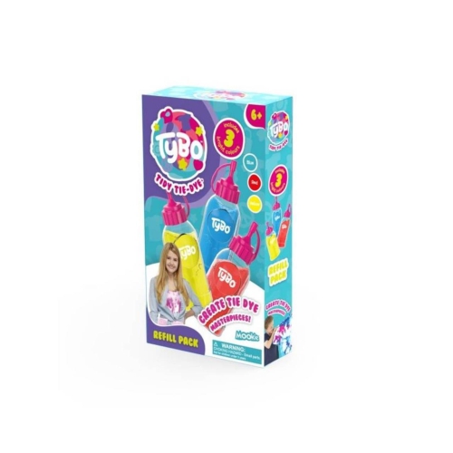Kinderen kunnen nog meer kleurrijke T-shirts, andere soorten kleding en accessoires ontwerpen met deze navulling! Ze kunnen de kleuren gebruiken met hun Tybo Tie-Dye ontwerpstudio (niet inbegrepen) en zo de mooiste creaties maken.