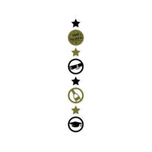 Een geslaagd feestje kan niet zonder deze zwart gouden Hanging decorations en deze met opdruk you did it maakt het feestje echt af! De hanging decorations zijn gemaakt van plastic en papier en zijn ongeveer 15 bij 0,5 centimeter groot.