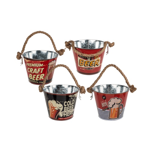 Metalen Bier emmers, met touw en bieropener!
Met verschillende opdrukken!!