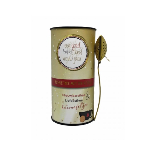De warmte van thee met een lekker koekje,  met zorg gemaakt, met liefde gegeven. 
Inhoud 2 zakjes met 20 gram thee, 50 gram hartjeskoekjes of boterwafeltjes, theeleutlepel. Voor meerdere kopjes thee.