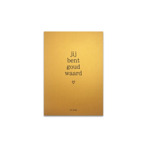Deze A6 kaart van By Romi heeft een mooie gouden glinstering.

Afmeting: 10,5 x 14,8 cm