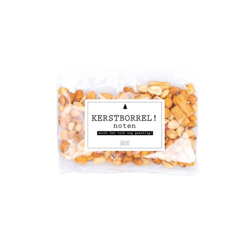 KERSTBORREL-noten. De notenmix bestaat onder andere uit gebakken en gezouten pinda's, maisnootjes en borrelnoten.