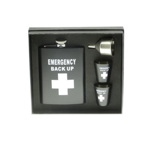 Mooie Emergency Heupfles voor sterke drank. Verpakt in mooie
cadeauset.
Heupfles met bekertjes en trechter.