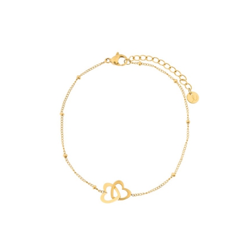 Minimalistische armband met twee open goudem hartjes. Het is verkrijgbaar in zilver en goud en gemaakt van roestvrij staal. De hartjesarmband is verkrijgbaar in drie verschillende varianten. Perfect om te delen met een geliefde...