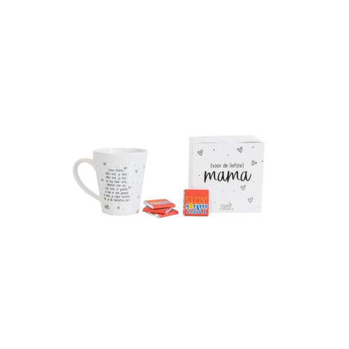 Een cadeautje voor de liefste mama! In dit cadeaupakket zit een heerlijke mok voor koffie, thee of andere dranken met een superlief gedicht en een paar tiny Tony's Chocolonely's.
