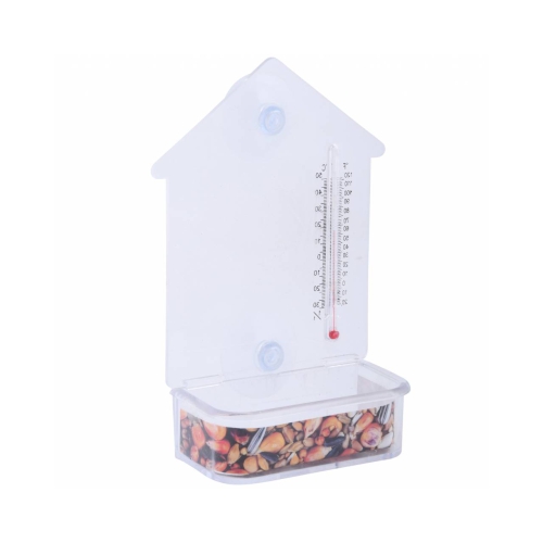 Acryl doorzichtig huisje voor vogelvoeder om op het raam te bevestigen met thermometer van Esschert Design. Leuk om vanaf binnen de vogels te zien eten en te zien hoe koud het is buiten.