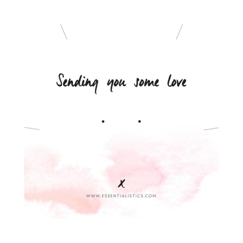 Een kaartje met de tekst "Sending you some love". Deze kaart kan worden gebruikt voor een paar oorbellen, een armband of een ketting. We hebben lijnen / stippen op de kaartjes gezet zodat je weet waar het sieraad moet komen.
